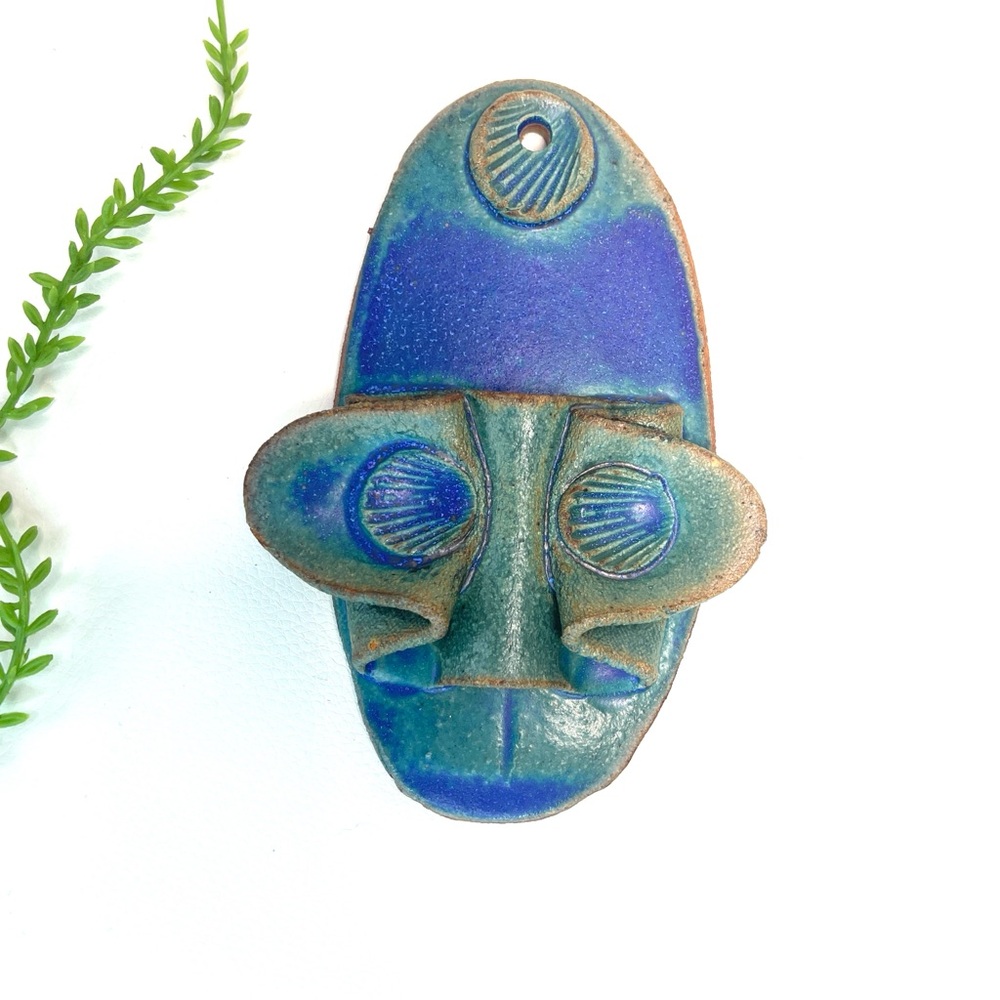 Handmade Pottery Face Wall Pocket: Blue Green Stoneware Air Plant Holder